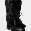 Schwarze Ralph Lauren Celia Shearling- und brünierte Lederstiefel für Damen