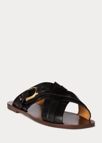 Schwarze Ralph Lauren Jacie Kalbsleder-Steigbügelsandalen für Damen