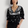 Schwarze Ralph Lauren Jersey-Oberteile mit Stickerei und Bindekragen für Damen