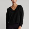 Schwarze Ralph Lauren Jersey-Sweatshirts mit V-Ausschnitt für Damen