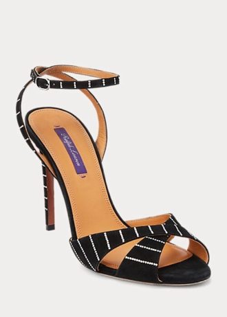 Schwarze Ralph Lauren Kandice Sandalen aus Ziegenwildleder mit Verzierung für Damen