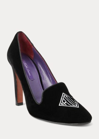 Schwarze Ralph Lauren Marion bestickte Samt-Pumps für Damen