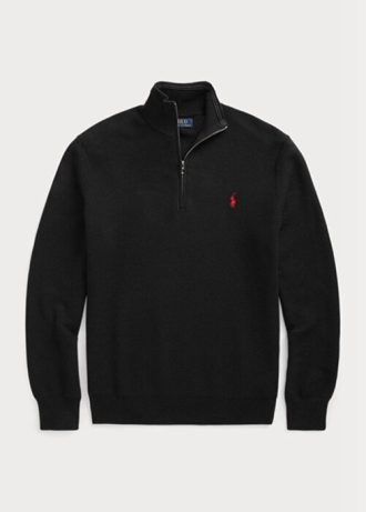 Schwarze Ralph Lauren Pullover aus Baumwolle mit Viertelreißverschluss und Netzstrick für Herren