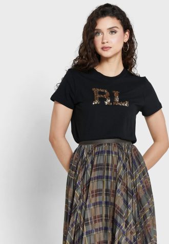 Schwarze Ralph Lauren Rundhals-Logo-T-Shirts für Damen
