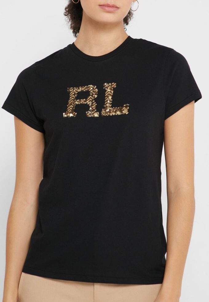 Schwarze Ralph Lauren Rundhals-Oberteile mit Grafik für Damen
