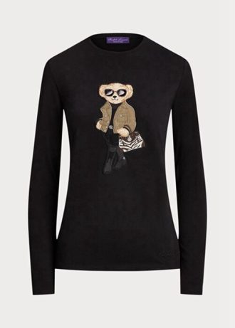 Schwarze Ralph Lauren Utility Bear Langarm-T-Shirts aus Baumwolle für Damen