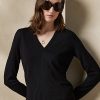 Schwarze Ralph Lauren Wollpullover mit langen Ärmeln und V-Ausschnitt für Damen