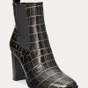 Schwarze Ralph Lauren Ylah-Stiefel aus geprägtem Leder für Damen