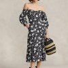 Schwarzes/cremefarbenes schulterfreies Leinenkleid mit Blumenmuster von Ralph Lauren für Damen