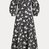 Schwarzes/cremefarbenes schulterfreies Leinenkleid mit Blumenmuster von Ralph Lauren für Damen