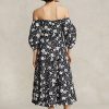 Schwarzes/cremefarbenes schulterfreies Leinenkleid mit Blumenmuster von Ralph Lauren für Damen