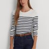 Weiß / Marineblau gestreifte Langarm-T-Shirts aus Baumwolle von Ralph Lauren für Damen