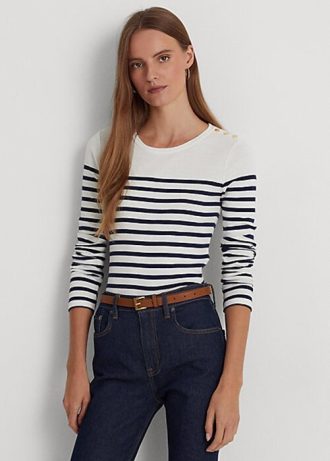 Weiß / Marineblau gestreifte Langarm-T-Shirts aus Baumwolle von Ralph Lauren für Damen