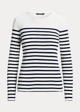 Weiß / Marineblau gestreifte Langarm-T-Shirts aus Baumwolle von Ralph Lauren für Damen