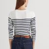 Weiß / Marineblau gestreifte Langarm-T-Shirts aus Baumwolle von Ralph Lauren für Damen
