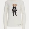 Weiße Damen Ralph Lauren Cinema Polo Bear Langarm-T-Shirts aus Baumwolle