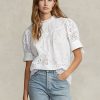 Weiße Ralph Lauren Baumwolloberteile mit Ösenstickerei für Damen