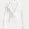 Weiße Ralph Lauren Cardigan-Pullover mit Rüschenbesatz für Damen
