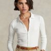 Weiße Ralph Lauren Cropped Ribbed Poloshirts mit Knopfleiste für Damen