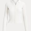Weiße Ralph Lauren Cropped Ribbed Poloshirts mit Knopfleiste für Damen