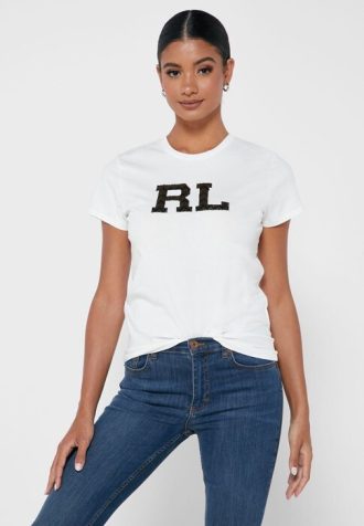 Weiße Ralph Lauren Graphic Rundhals-T-Shirts für Damen