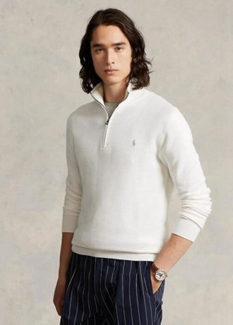Weiße Ralph Lauren Herren-Pullover aus Baumwolle mit Viertelreißverschluss und Netzstrick