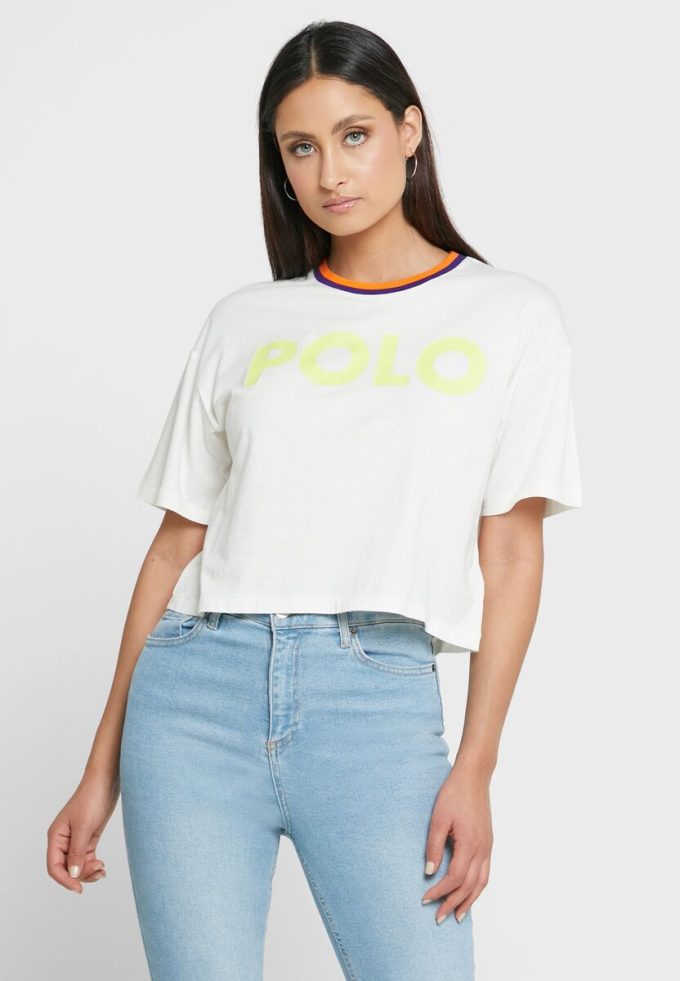 Weiße Ralph Lauren T-Shirts mit Rundhalsausschnitt und Grafik für Damen