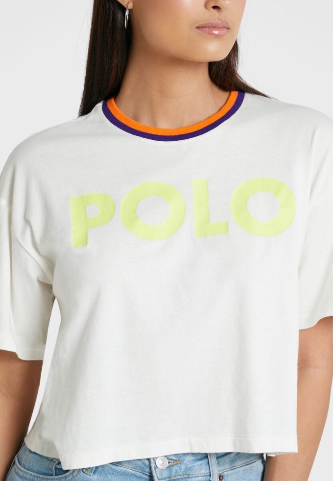Weiße Ralph Lauren T-Shirts mit Rundhalsausschnitt und Grafik für Damen