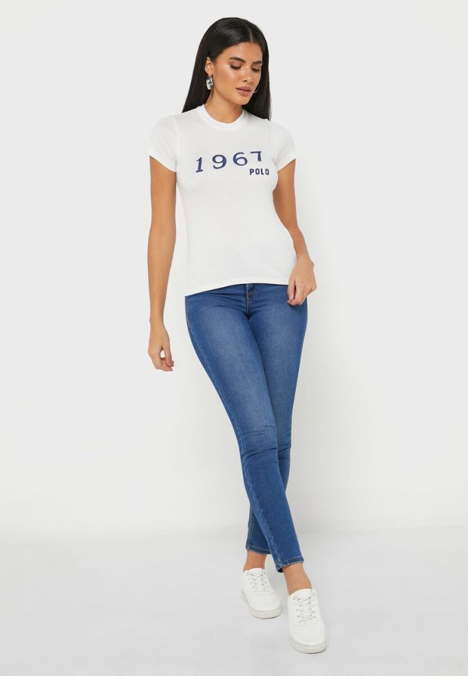 Weiße Ralph Lauren T-Shirts mit Rundhalsausschnitt und Grafik für Damen