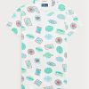 Weiße T-Shirts aus gerippter Baumwolle mit Reisemotiv von Ralph Lauren für Damen
